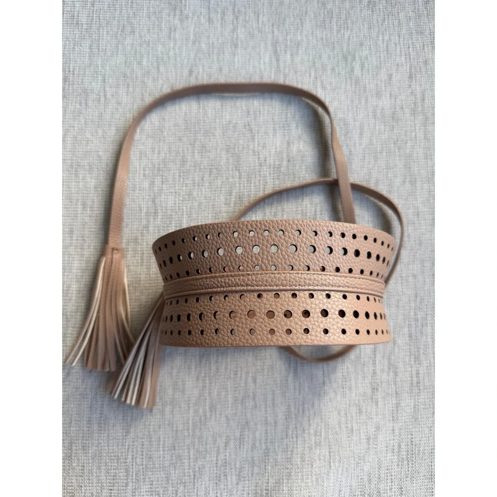 BCBGMAXAZRIA Tan Perforated Leather Obi Wrap Belt with Tassels XS S